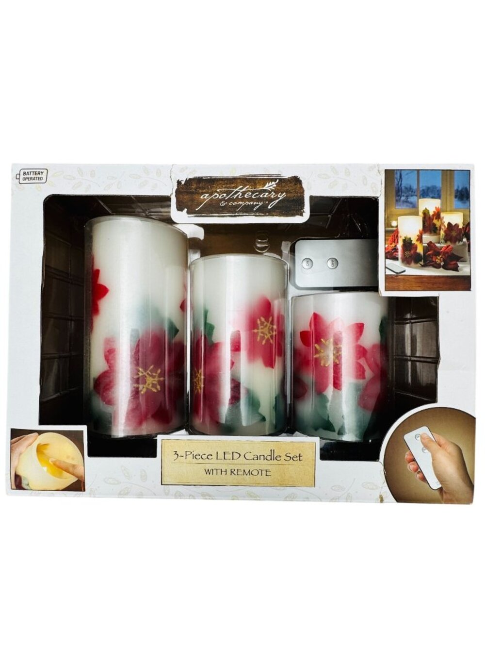Apothecary & Company LED Candle Set 3-Piece Real Wax Floral Remote-Control New